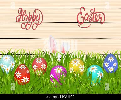 Happy easter. Easter colored eggs with a pattern of daisies. The rabbit is hiding in the grass. illustration Stock Vector