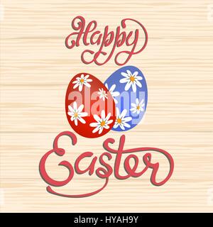 An inscription with the wish of Happy Easter. Painted eggs with daisies on a background with a texture under a tree. illustration Stock Vector