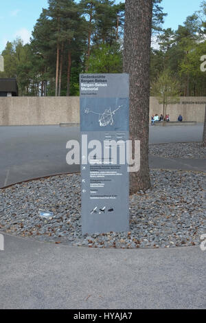 Germany, Lower Saxony, Bergen Belsen, Information post at the entrance to the Concentration Camp Memorial. Stock Photo