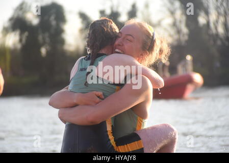 London, UK. 02nd Apr, 2017. The finish of The Boat Race 2017 sees Cambridge's Women and Oxford's men winning the historical race with the following celebrations. Credit: Alberto Pezzali/Pacific Press/Alamy Live News Stock Photo