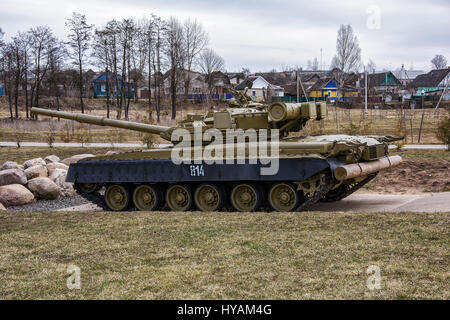 Belarus, Krupki - 29.03.2017: Exposition of soldiers to internationalists (Tank T-80BV) Stock Photo