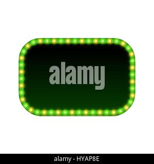 Blank 3d rectangular retro light banner with shining lights. Red sign with green and yellow bulbs and blank space for text. Vintage street signboard. Advertising frame. Colorful vector illustration. Stock Vector