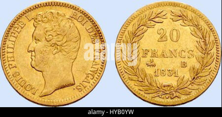 The 20 Francs coin featuring Louis Philippe, created by Nicolas Pierre Tiolier, was struck during the reign of Louis Philippe I, King of the French. The coin showcases his portrait and is an important numismatic piece from the early 19th century. Stock Photo