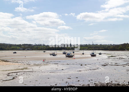 Boats moored in Red Wharf BayAnglesey at low tide. Stock Photo