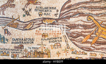 DEAD SEA, JORDAN - FEBRUARY 19, 2012: Modern replica of historical Madaba map. Madaba Mosaic Map is part of floor mosaic in ancient Byzantine church o Stock Photo