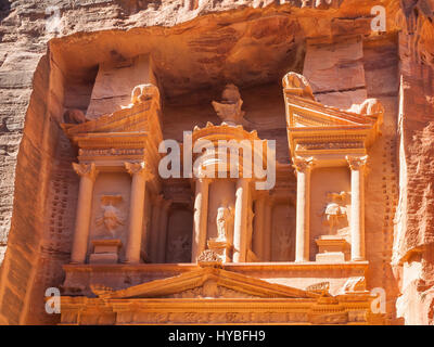 Travel to Middle East country Kingdom of Jordan - upper part of facade The Treasury (al-khazneh) temple in Petra town Stock Photo