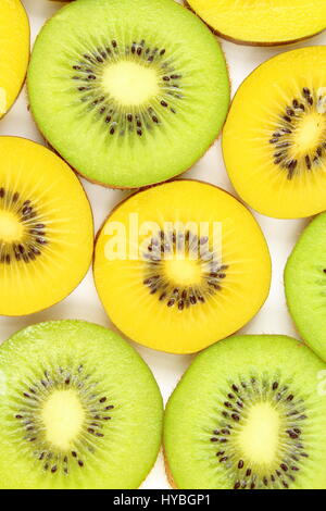 slices of fresh green and yellow kiwi fruits as a food background texture