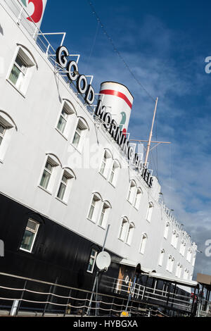 Good Morning Hotels boat-hotel, botel. Moored on the banks of the river Gothia River (Göta älv) Stock Photo