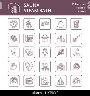 Sauna, steam bath line icons. Bathroom equipment birch, oak birch, bucket. Hammam, japanese, finnish, russian, infrared sauna sign. Spa relaxation acc Stock Vector