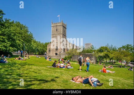 United Kingdom, South West England, Bristol, view of the ruins of St. Peter's Church in Castle Park. The church was destroyed during the 'Bristol Blit Stock Photo