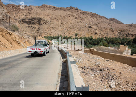 Toyota Pick-up in a road going to Wadi bani Khalid, Sultanate of Oman Stock Photo