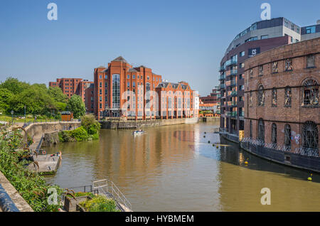 United Kingdom, South West England, Bristol, view of the Floating Harbour with redeveloped warehouses and the prominent Kings Orchard development from Stock Photo