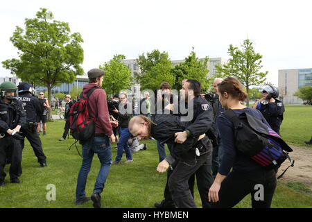 Berlin, Gemany, May 9th, 2015: Antifa protest against Pegida. Stock Photo