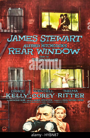 The poster for Alfred Hitchcock's 1954 thriller 'Rear Window' features the iconic imagery of a voyeuristic neighbor observing a possible crime. The film, starring James Stewart and Grace Kelly, explores themes of surveillance, morality, and isolation, set in a confined New York apartment. Stock Photo