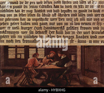 A scene with three individuals seated around a table, engaged in discussion or study, by Hans Holbein the Elder, a German artist and printmaker of the early 16th century. Stock Photo