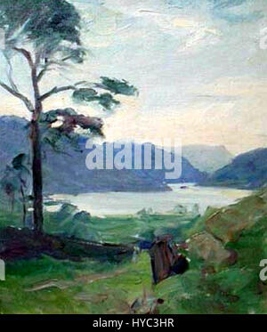 Frank Bramley’s painting of Thirlmere Lake, located in the Lake District of Cumbria, England, depicts the serene landscape with its tranquil waters and rolling hills. Bramley was known for his naturalistic approach to landscape painting during the late 19th century. Stock Photo