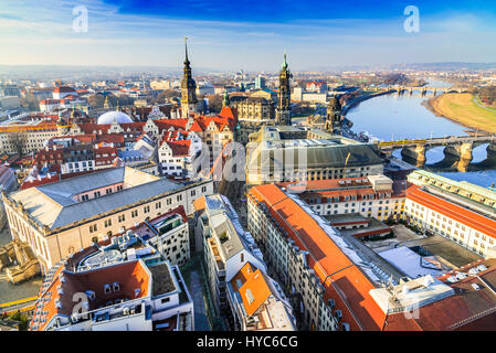Dresden, Germany - Aerial view from Frauenkirche with Hofkirche and Augustus Bridge Stock Photo