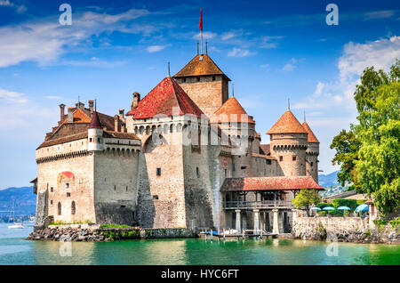 Chillon Castle, Switzerland. Montreaux, Lake Geneve, one of the most visited castle in Swiss, attracts more than 300,000 visitors every year. Stock Photo