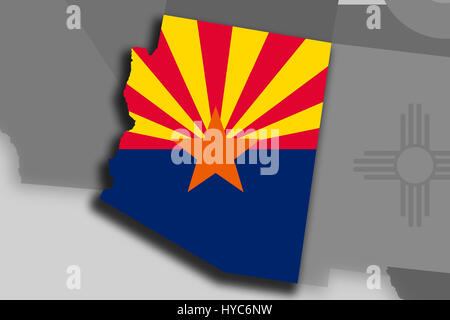 Illustration of the State of Arizona silhouette map and flag. Its a JPG image. Stock Photo