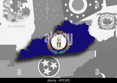 Illustration of the State of Kentucky silhouette map and flag. Its a JPG image. Stock Photo