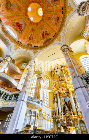 DRESDEN, GERMANY - 9 AUGUST 2015: Dresden, Germany. The interior of the Frauenkirche cathedral. Frauenkirche was completed in 1743 and is one of the m Stock Photo
