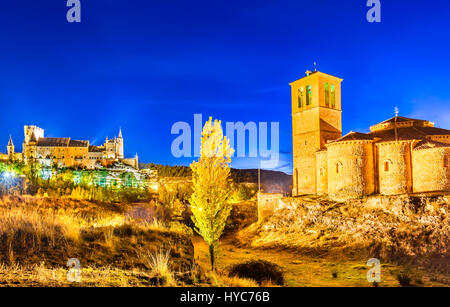 Segovia, Spain. Autumn dusk view of Castle of Segovia, known as Alcazar and built in 12th century in Castile and Leon Stock Photo