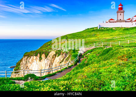 Cabo da Roca, Portugal. Lighthouse and cliffs over Atlantic Ocean, the most westerly point of the European mainland. Stock Photo