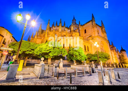 Segovia, Spain.  Gothic-style Roman Catholic cathedral located in the main square Plaza Mayor in Castile and Leon region. Castilla y Leon Stock Photo