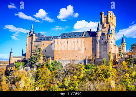 Segovia, Spain. The famous Alcazar of Segovia, rising out on a rocky crag, built in 1120.  Castilla y Leon. Stock Photo