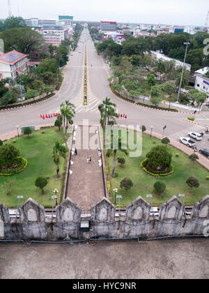 View from the Patuxai,meaning Victory Gate or Gate of Triumph, is at the end of Lang Xang Avenue in  Vientiane. Patuxay Park surrounds the monument Stock Photo