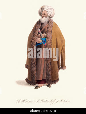 Vintage colour engraving from 1819 showing an Afghan of Peshawar in winter clothes Stock Photo