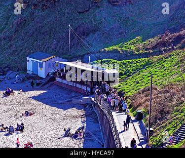 People queuing for food at Rileys Fish Shack Tynemouth beach Stock Photo