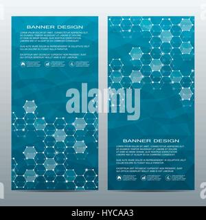 2 of modern vertical scientific banners. Molecular structure of DNA and neurons. Geometric abstract background. Medicine, science, technology, business and website templates. Vector illustration Stock Vector