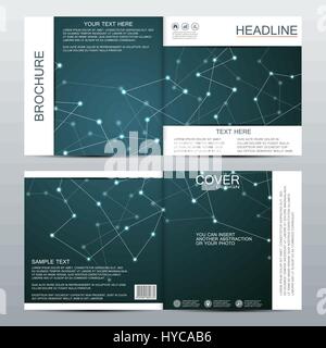 Square brochure template with structure of molecular particles and atom. Polygonal abstract background. Medicine, science and technology concept. Vector illustration Stock Vector