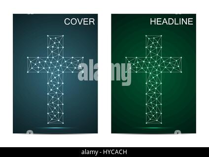 Brochure cover template with religious christian cross. Connection structure with line and dots. Vector illustration Stock Vector