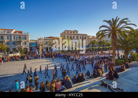 The Greek National Anniversary and a major religious holiday with school and military parades in Syros island, Cyclades - Greece Stock Photo