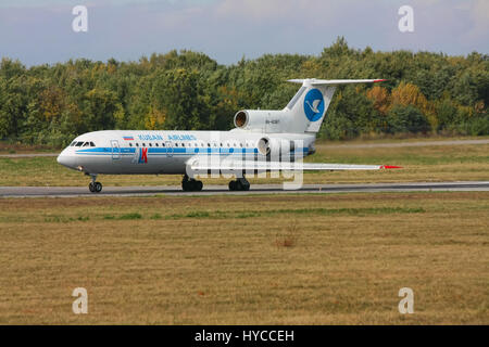 The Yak-42 aircraft is accelerating before take-off, Rostov-on-Don, Russia, October 13, 2010. The plane of the now defunct airline ALK (Kuban Airlines Stock Photo