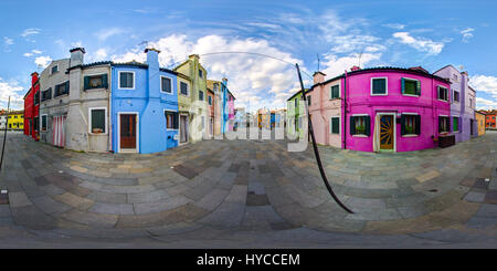 A 360 degrees (spherical) view of the island of Burano.  This spherical images are realized in a very high resolution, with DSLR cameras. Stock Photo