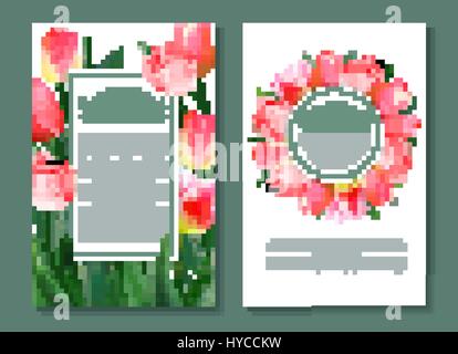 Floral spring templates with cute pink flowers tulips. For romantic and business design, announcements, greeting cards, posters, advertisement. Tulip card set. Stock Vector