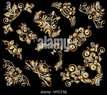 Vector set of gold decorative hand-drawn floral elements, filigree corners on black background. Page, web site decoration in vintage style. Stock Vector
