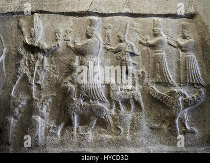 Hittite relief sculptures of Gods at the Yazilikaya Sancutary [ i.e written riock ], Hattusa, Turkey.  The largest known Hittite sanctuary. 12th - 13t Stock Photo