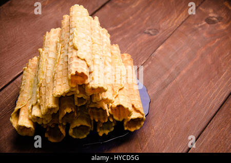 waffles on wooden boards. delicious waffles. fresh pastries Stock Photo