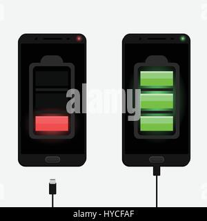Mockup of two black smartphones charging with micro usb cables. One phone with no battery and another with fully charged battery. Smartphones isolated Stock Vector