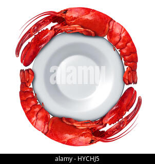 Lobster dish with Lobsters shaped as a circle around a blank plate isolated on a white background as fresh seafood or shellfish food. Stock Photo