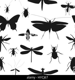 Silhouettes Set of Beetles, Dragonflies and Butterflies Seamless Stock Vector