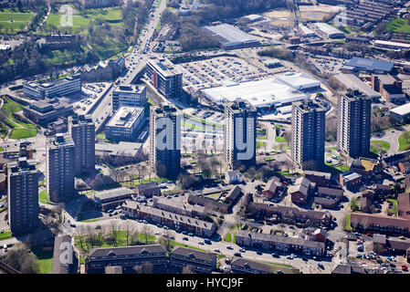 Local Authority High rise blocks, at Rochdale, from the air, North West England, UK Stock Photo