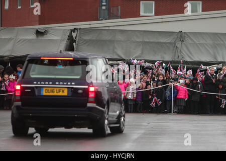 Her Majesty Queen Elizabeth presents leeks to the 1st Battalion Royal Welsh to mark St. David's Day at Jellalabad Barracks in Tidworth  Featuring: Atmosphere Where: Tidworth, United Kingdom When: 03 Mar 2017 Stock Photo