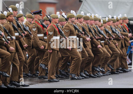 Her Majesty Queen Elizabeth presents leeks to the 1st Battalion Royal Welsh to mark St. David's Day at Jellalabad Barracks in Tidworth  Featuring: Atmosphere Where: Tidworth, United Kingdom When: 03 Mar 2017 Stock Photo