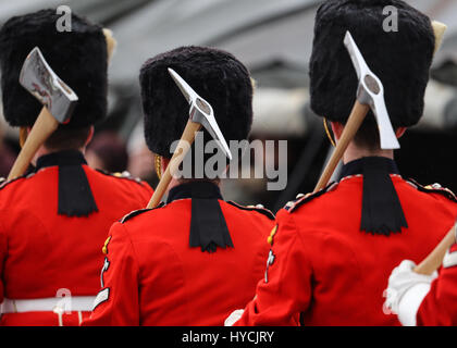 Her Majesty Queen Elizabeth presents leeks to the 1st Battalion Royal Welsh to mark St. David's Day at Jellalabad Barracks in Tidworth  Featuring: Atmosphere Where: Tidworth, United Kingdom When: 03 Mar 2017 Stock Photo