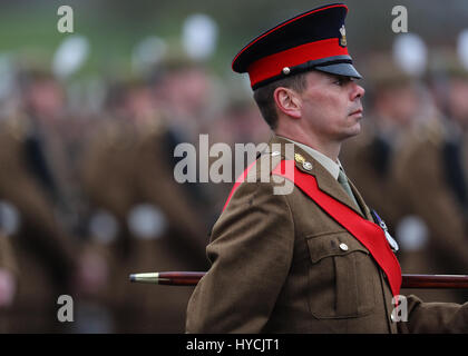 Her Majesty Queen Elizabeth presents leeks to the 1st Battalion Royal Welsh to mark St. David's Day at Jellalabad Barracks in Tidworth  Featuring: Atmosphere Where: Tidworth, United Kingdom When: 03 Mar 2017 Stock Photo